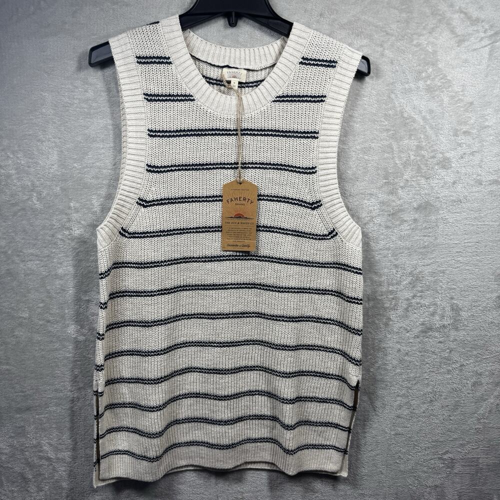 Faherty NEW Miramar Sweater Tank Womens M Cream Navy Stripe Linen Blend Nautical